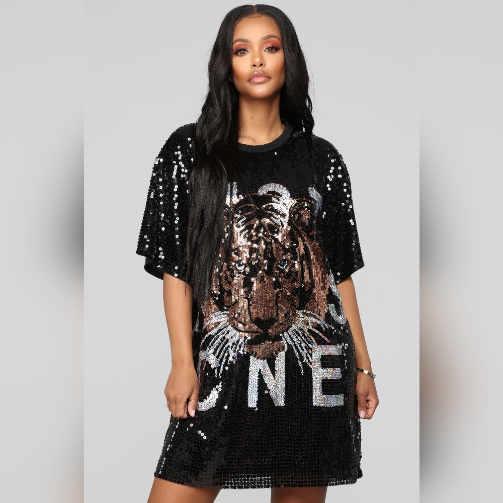 Black sequin Tiger t-shirt dress. Never worn. Tags still in tact.